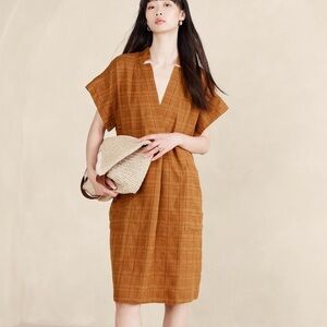 Banana Republic laurel linen cotton V-Neck Boxy Shift utility Dress XS petite